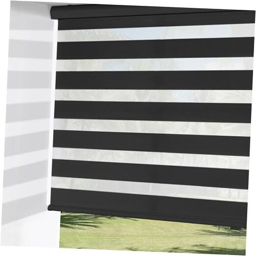 Cordless Zebra Blinds for Windows, Dual Layer Free-Stop 53″W x 72″H Black