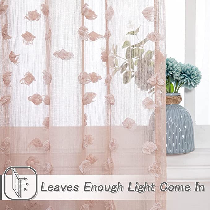 Pink Sheer Short Curtains for Small Windows Kitchen 45 inch Long with Pom Pom…