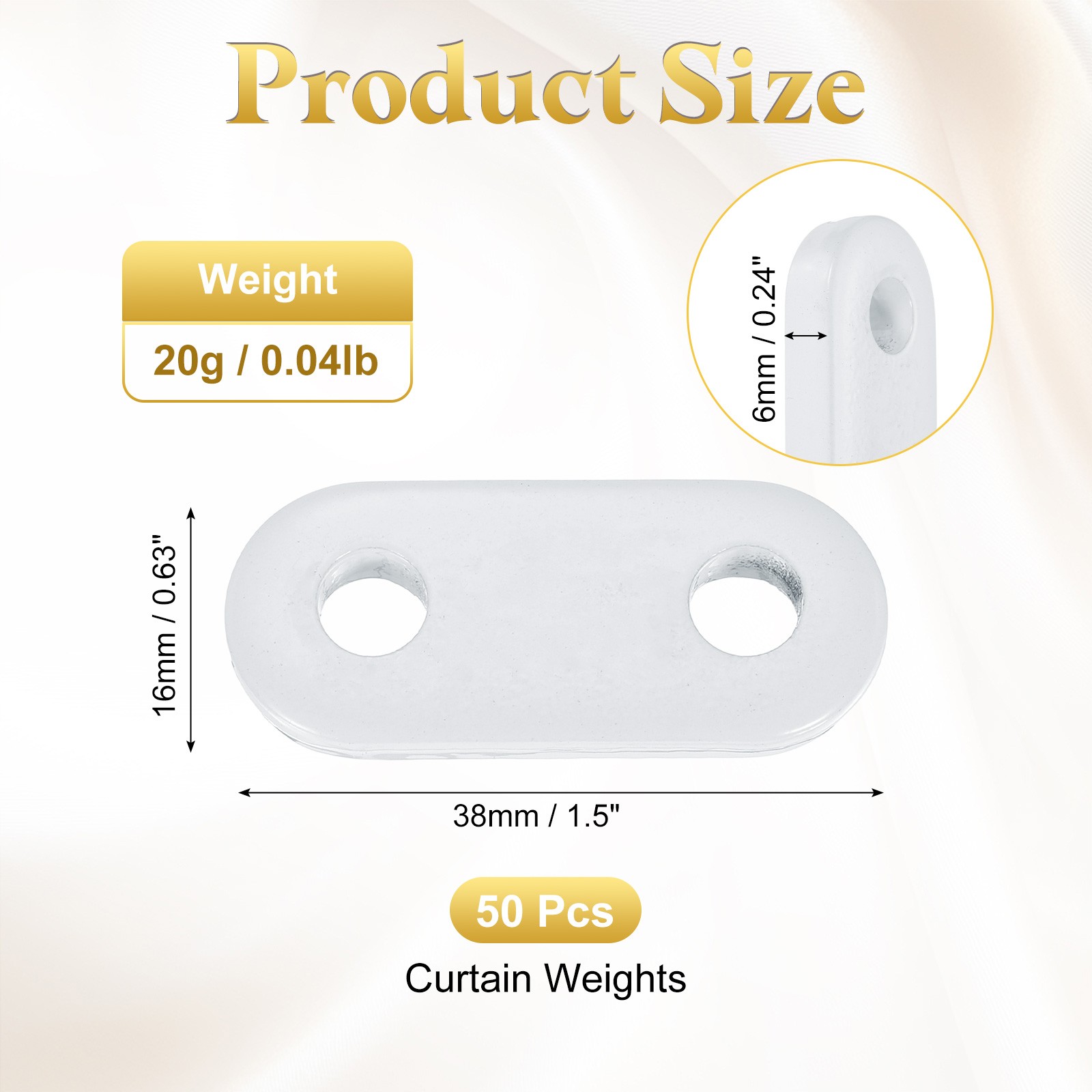 50 Pieces Curtain Weights, 16x38x6mm 20g Iron Drape Weights, White