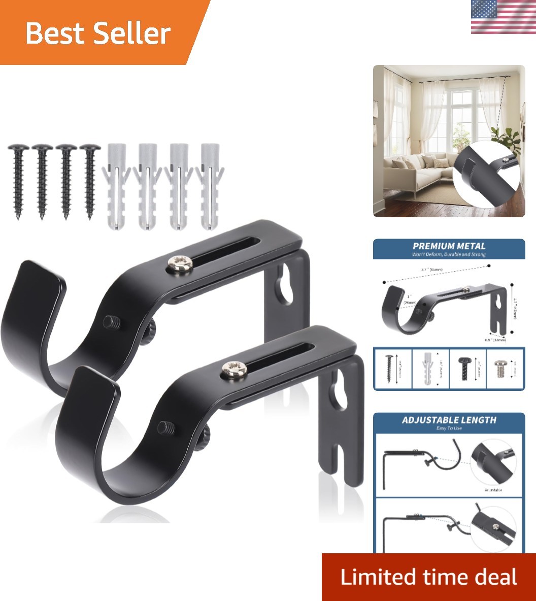Durable Iron Curtain Rod Brackets for 1-Inch Rods – Adjustable Wall-Mount Design