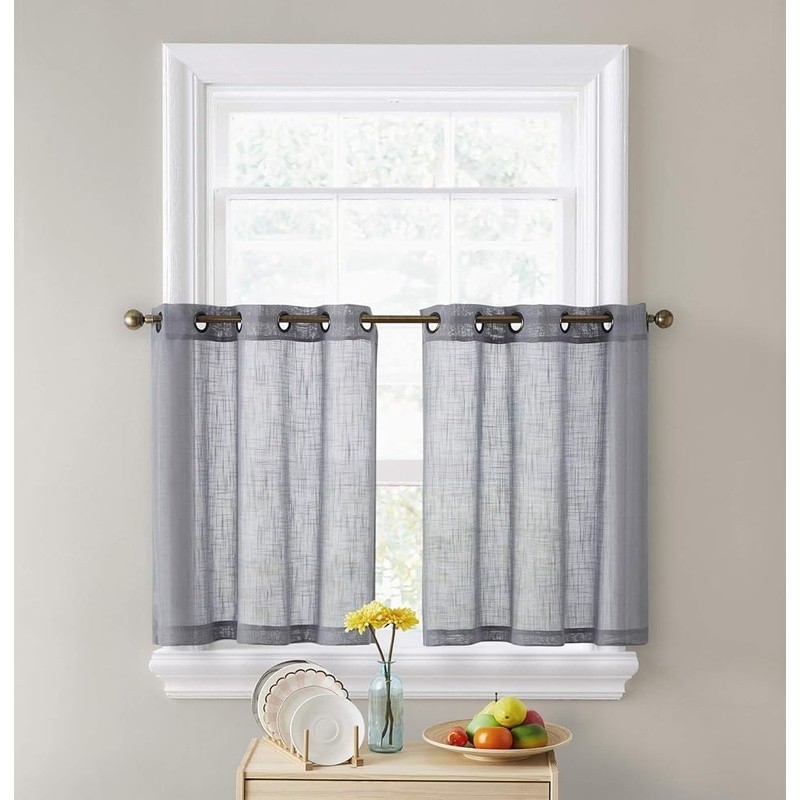 Semi-Sheer Faux Linen Textured Privacy Cafe Curtains Set Easy Care Panels New