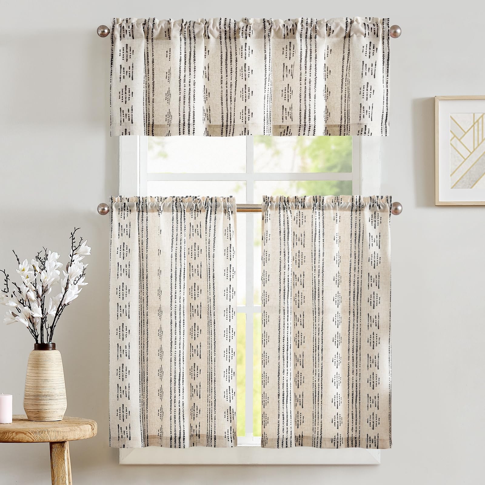 Boho Stripe Kitchen Curtains and Valance Set Linen Tier Curtains Bohemian Sma…