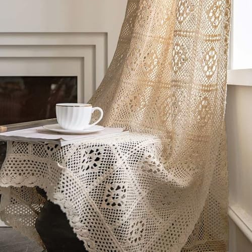 Rustic Crochet Curtains for Living Room Farmhouse 39″W x 71″L (Pack of 1) Beige
