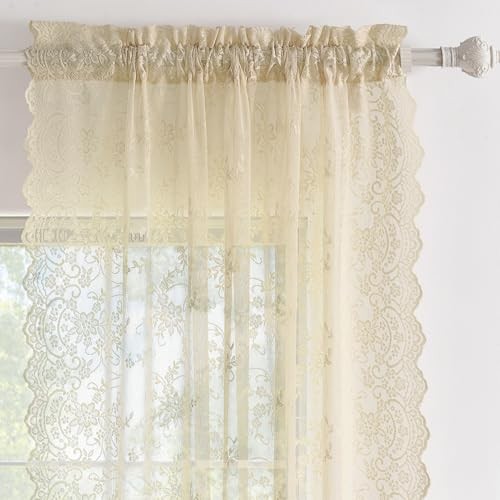 84 Inch Lace Curtains 2 Panels Set Rustic Vine 52″W x 84″L (Pack of 2) Beige