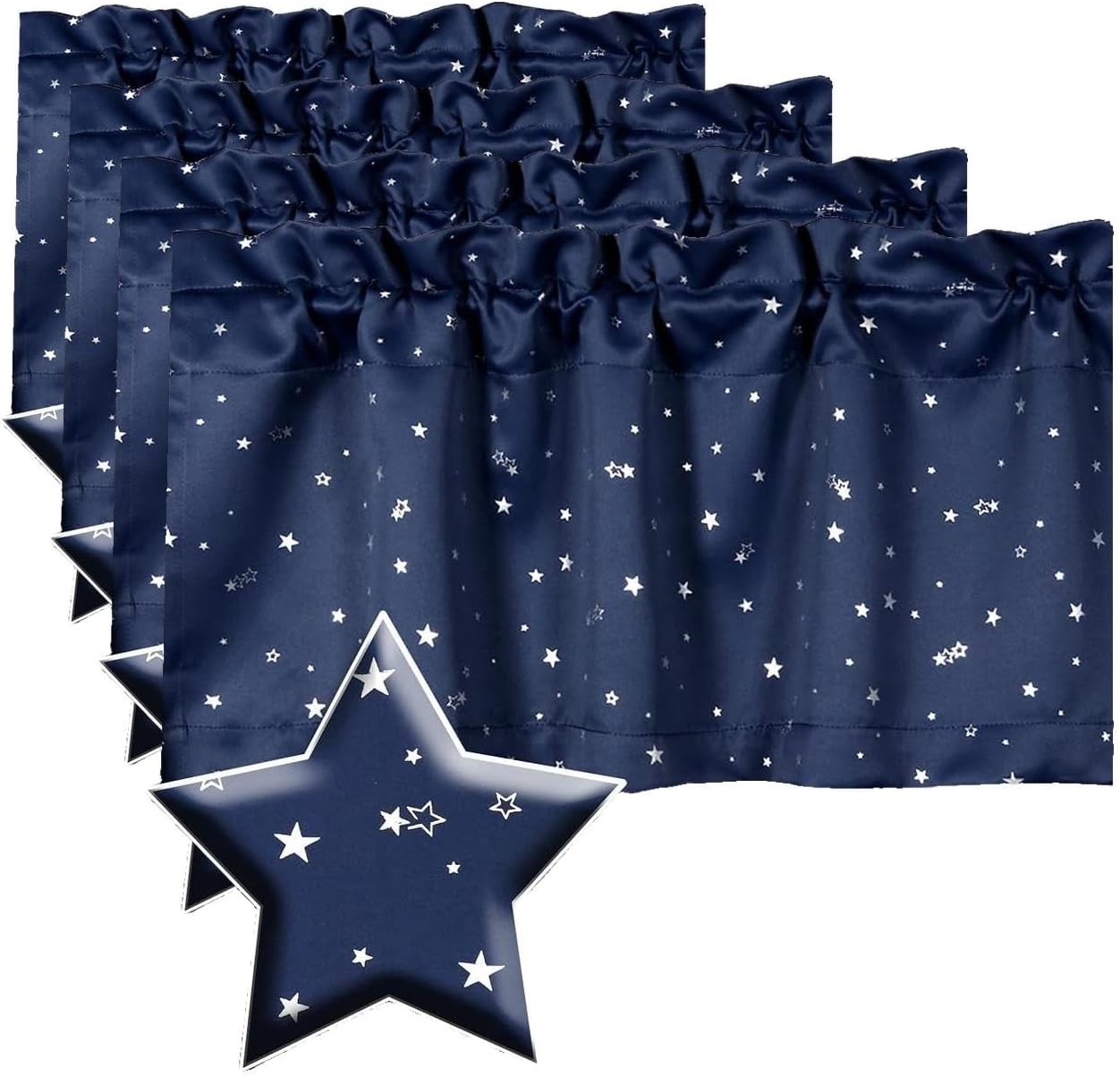 Stunning Navy Base Glitter Stars Blackout Valances – 52″W x 18″L for Home Decor