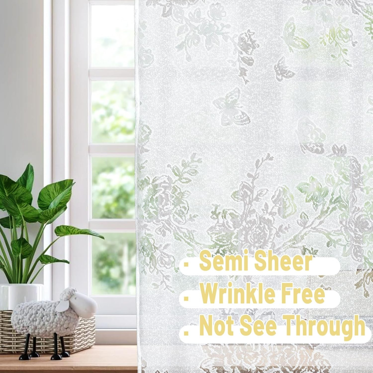 White Lace French Door Curtain Rod Pocket Floral Butterflies Voile Curtains Ligh