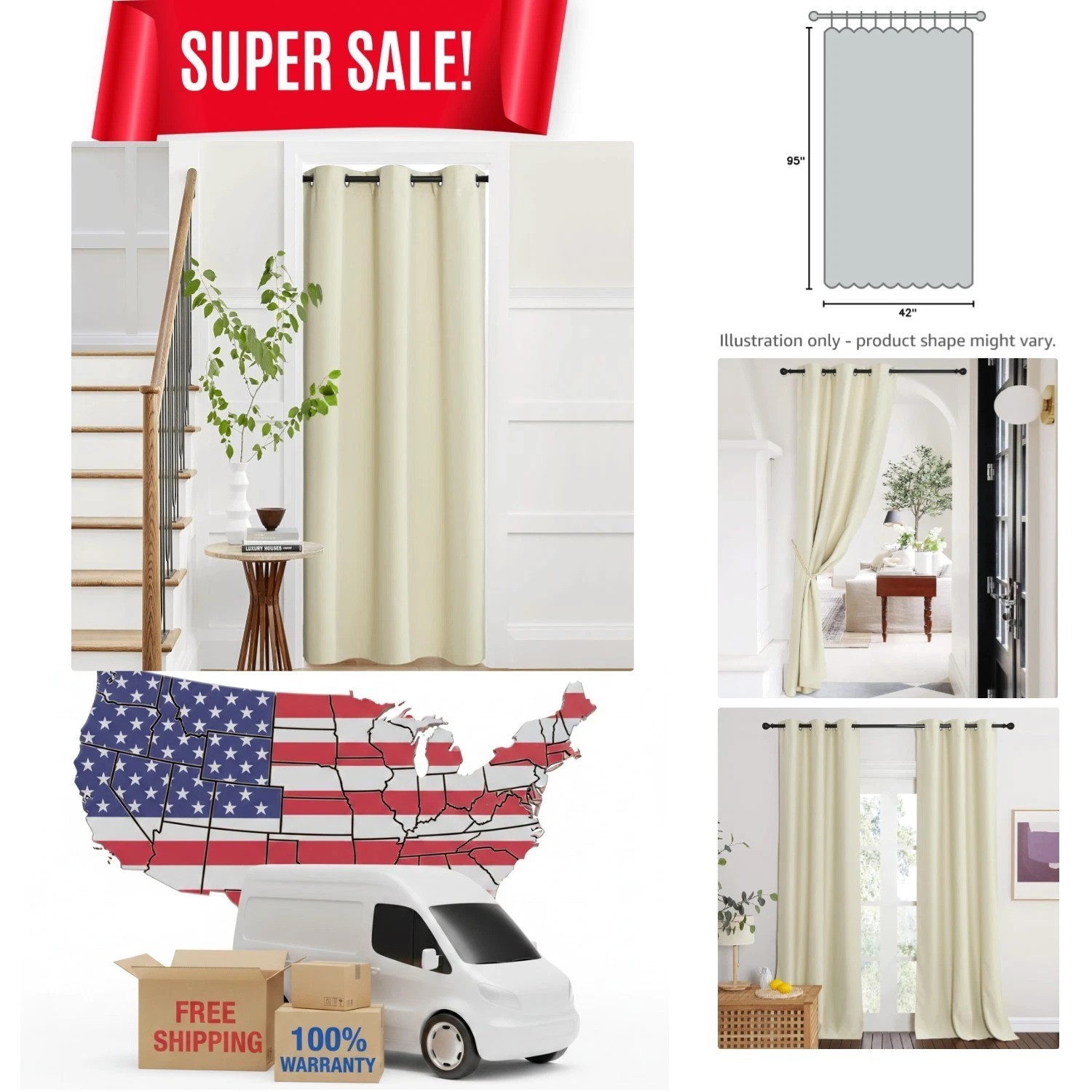 Light Beige Extra Wide Blackout Patio Curtain 42″ x 95″ – Grommet Style Elegance