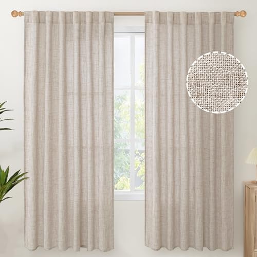 Linen Semi Sheer Curtains 72 Inch Length 2 52″W x 72″L (Pack of 2) Natural