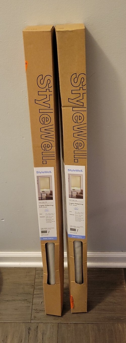 2 – StyleWell Cordless Light Filtering Roller Shades 37″ W x 72″ L SAGE FABRIC