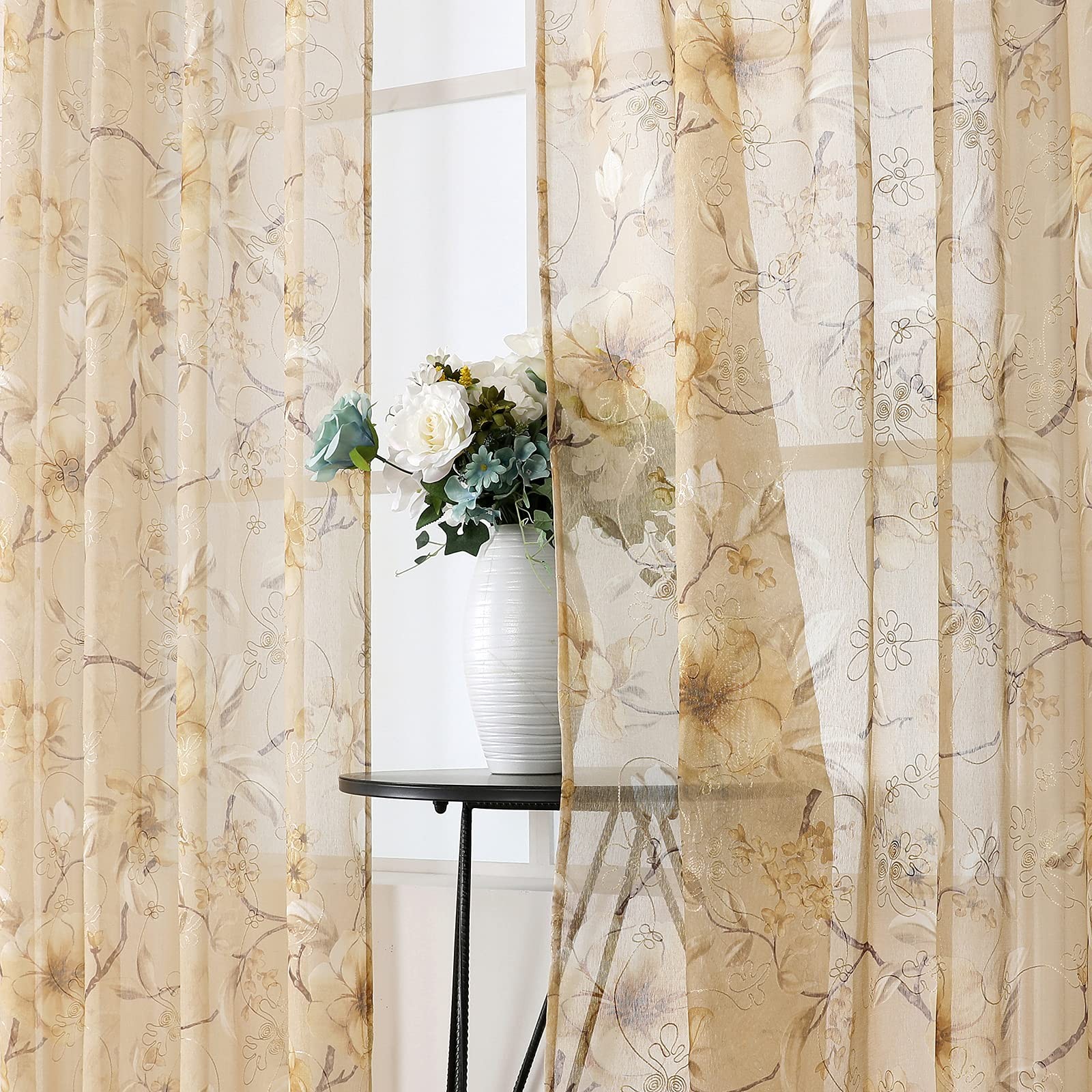 Short Sheer Tier Curtain Beige Flower Leaf Printed Floral Embroidered Half Wi…
