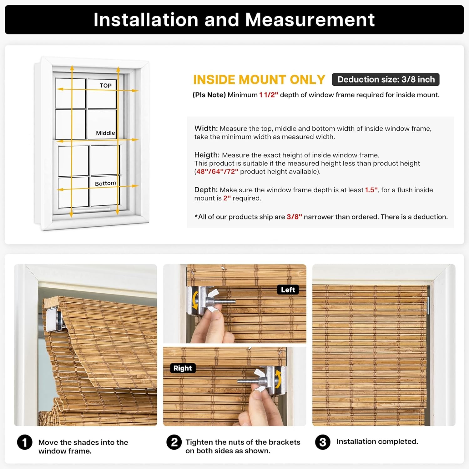 No-Drill Cordless Roman Shade Bamboo 43″ W x 48″ H Malay Umber