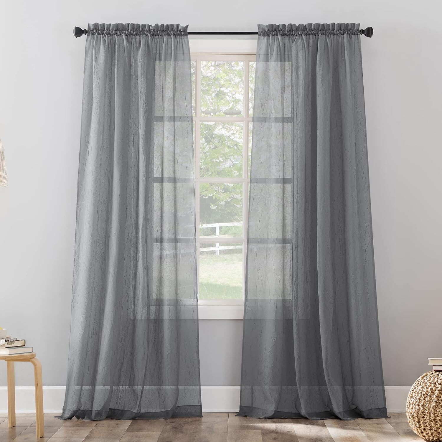 84″x51″ Charcoal Rod Pocket Curtain Panel, Erica Crushed Sheer Voile, No. 918