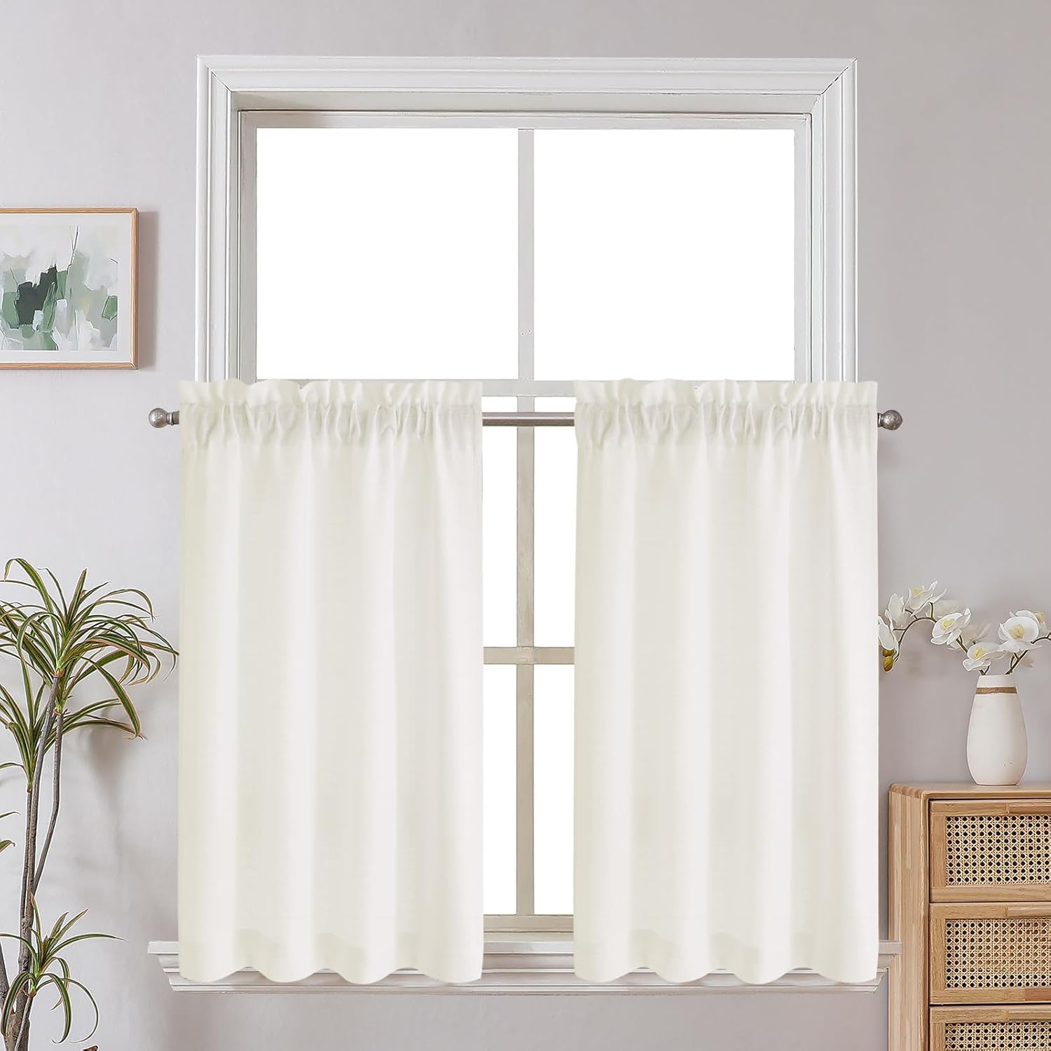 Short Curtains 36 Inch Length, Faux Linen Textured Small Kitchen Curtain, Light