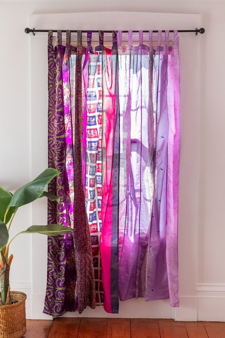 2 Pcs Indian Silk Sari Patchwork Drape Handmade Window Decor Boho Curtains
