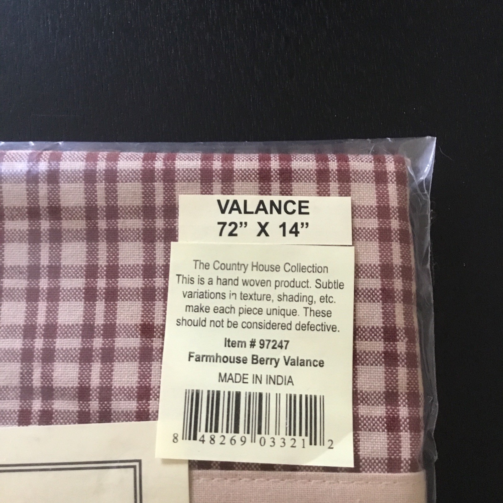 FARMHOUSE BERRY-BURGUNDY AND KHAKI GINGHAM CHECKED WINDOW VALANCE – NEW!