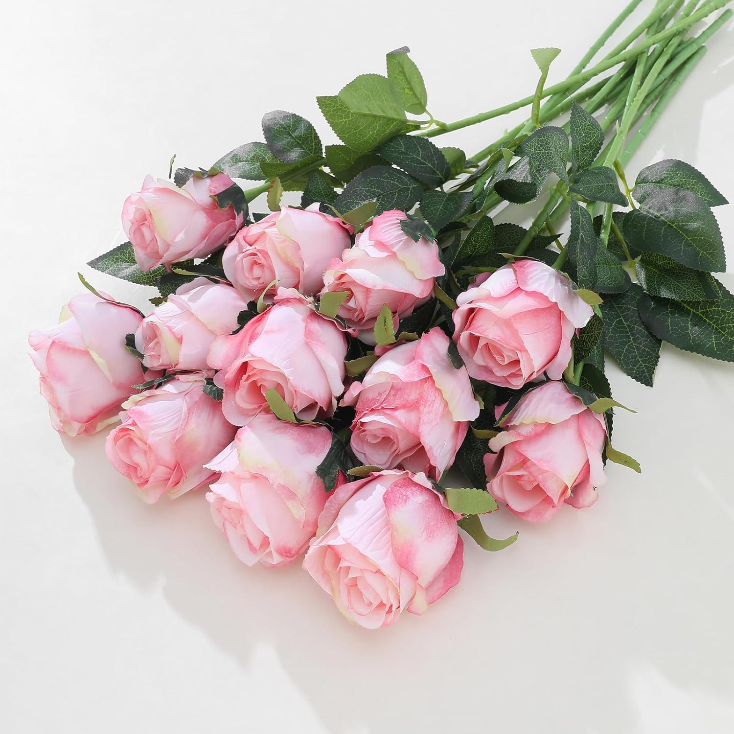 12Pcs Realistic Fake Light Pink Roses Faux Flowers with Long Stems, Artificial S
