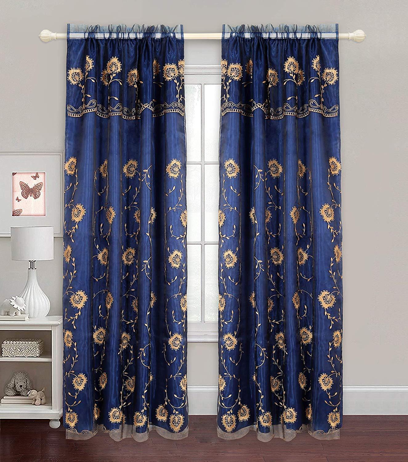 2 Panel Window Curtain, Embroidery Flowers 54″ x 84″ Blue/Red/Green/white