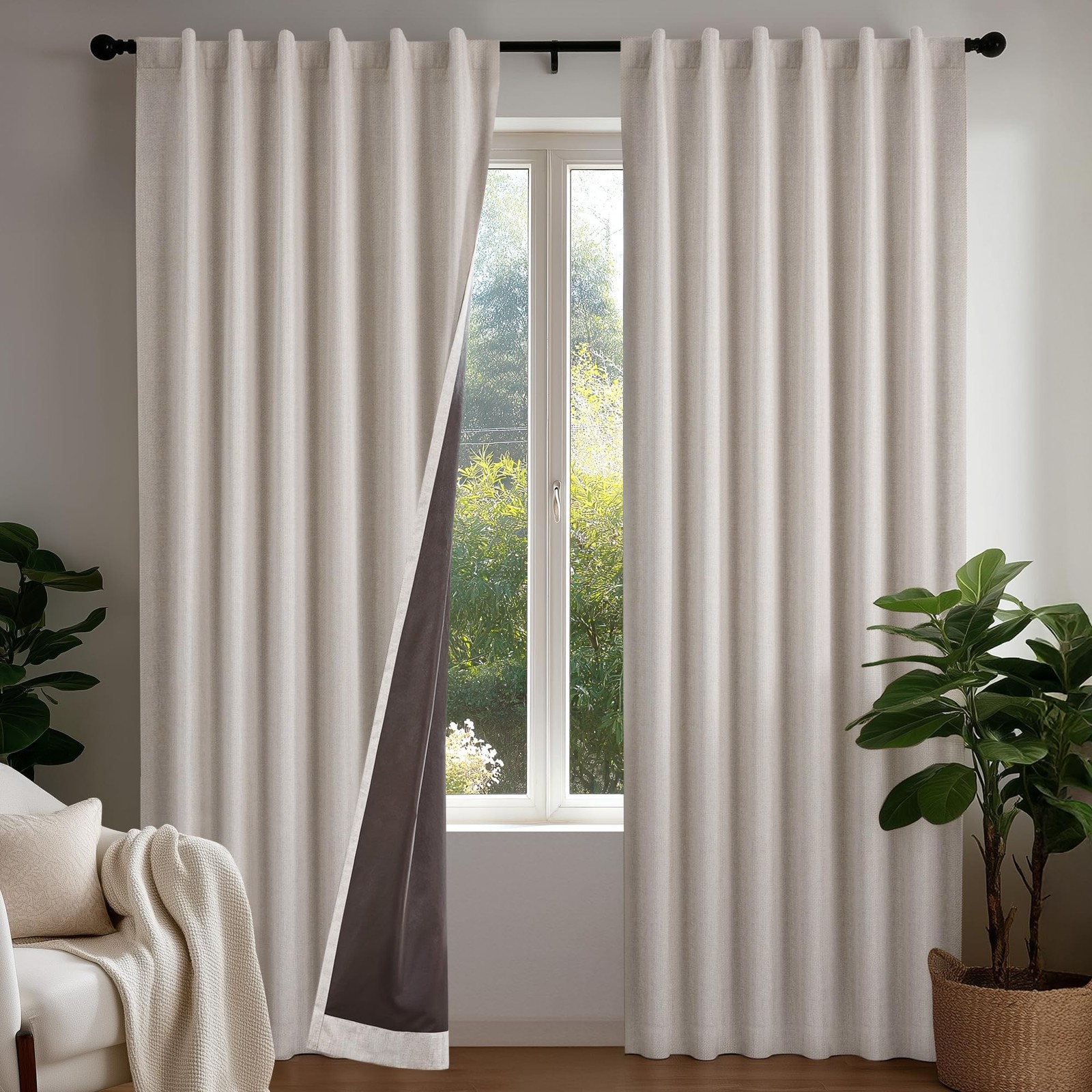 100% Blackout Curtains Faux Linen Look with Coffee Bottom Backing, TPU Invisi…