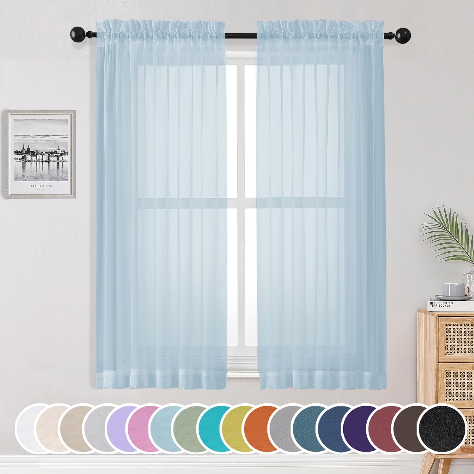 Rod Pocket Sheers 42×63, 2 Panels, Airy Fabric, Lightweight, Blue
