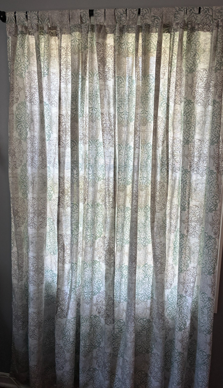 Lot of 4 teal gray medallion print tab top curtain panels 29W x 83L