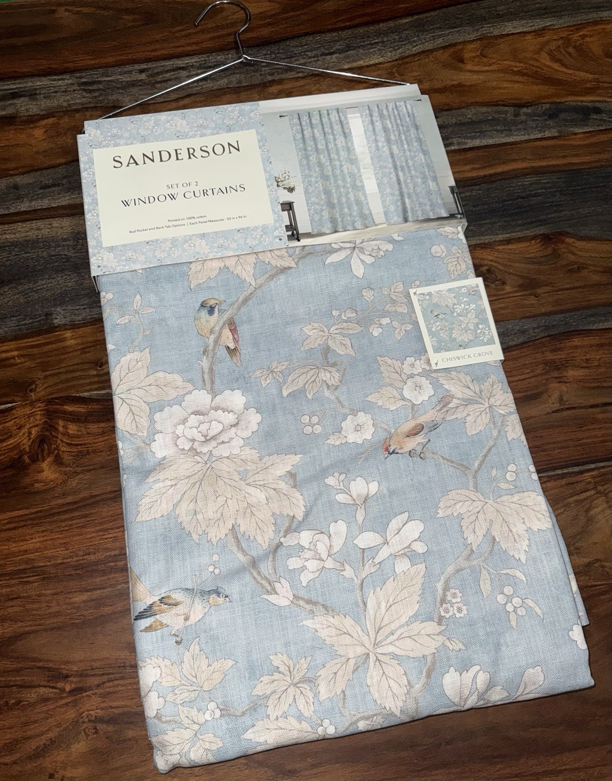 Sanderson Blue Bird Toile Curtains 50”x96” Set 2 Panels French Country Cottage