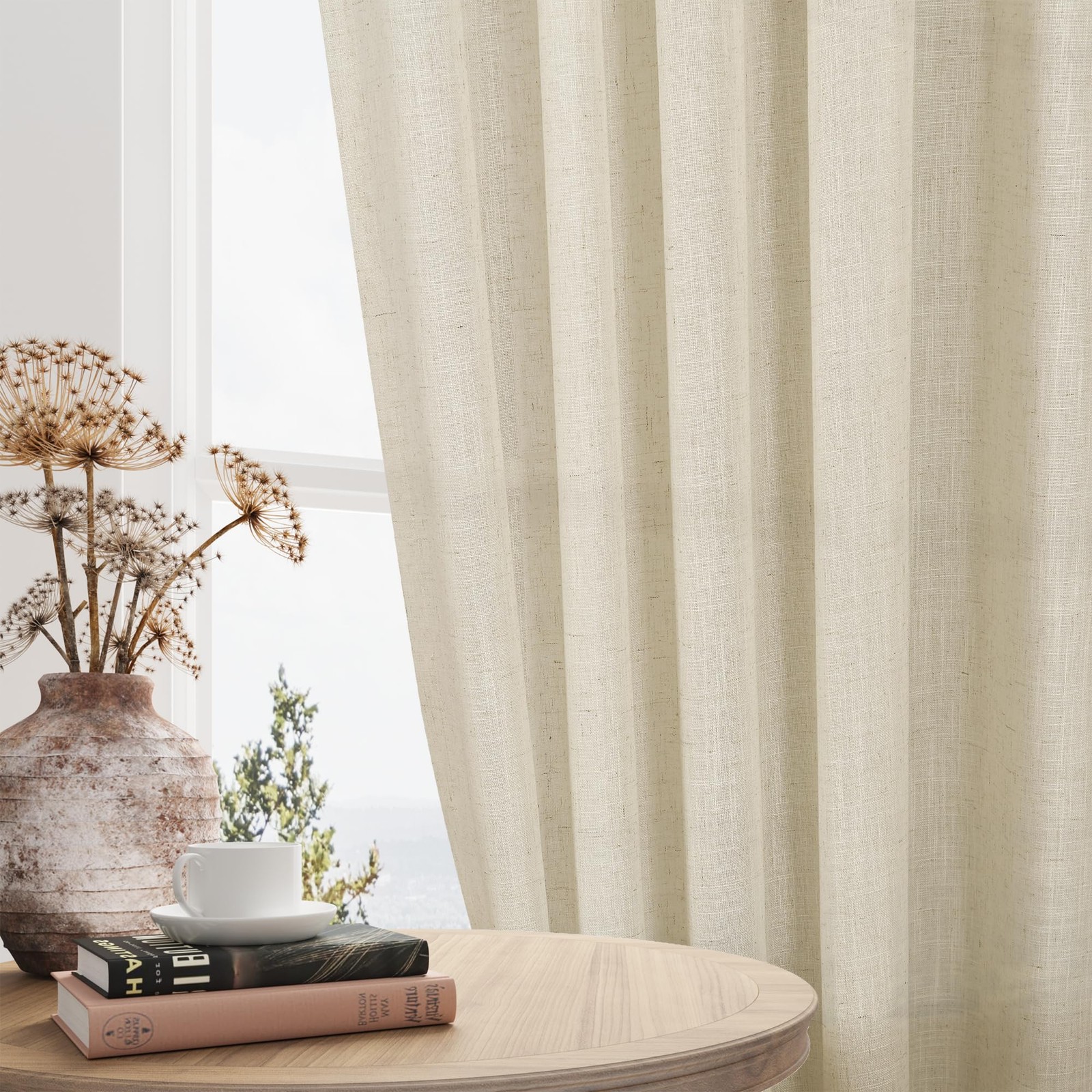 Linen Curtains 132 Inches Long for High Living Room Beige Extra Long Back Tab…
