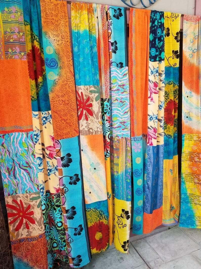 2 Pcs Indian Sari Patchwork Curtain Drape Window Decor Multi Silk Sari Curtain