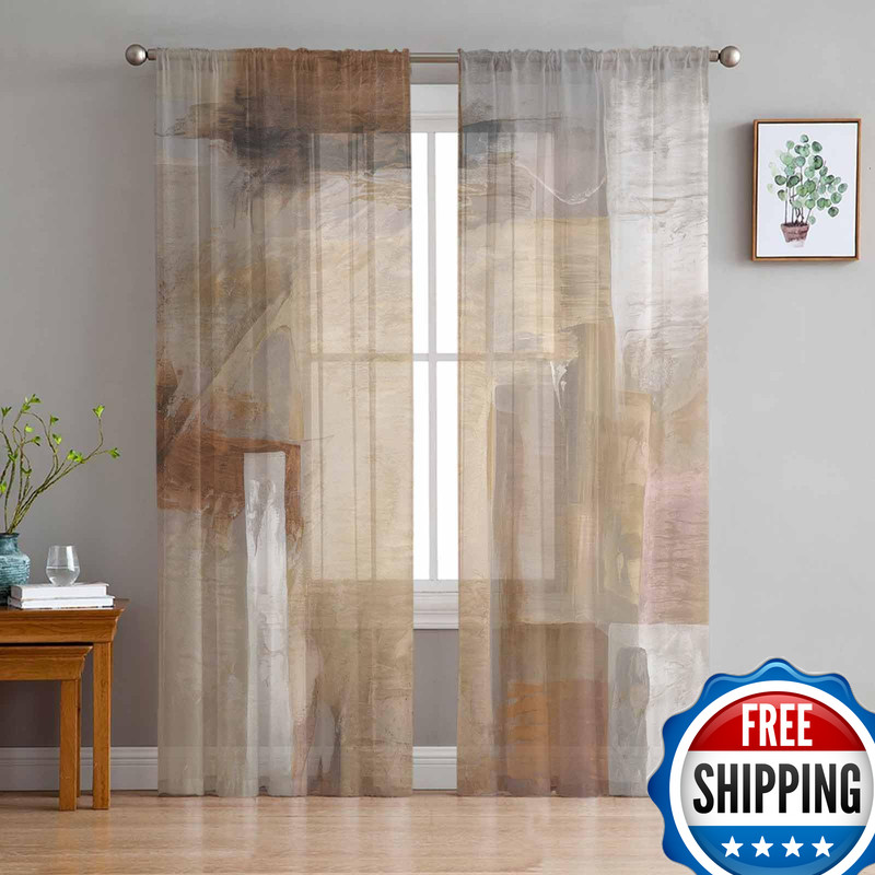 Amzricher Oil Modern Paintings Abstract Sheer Curtains 84 Inch Length 2 Panels