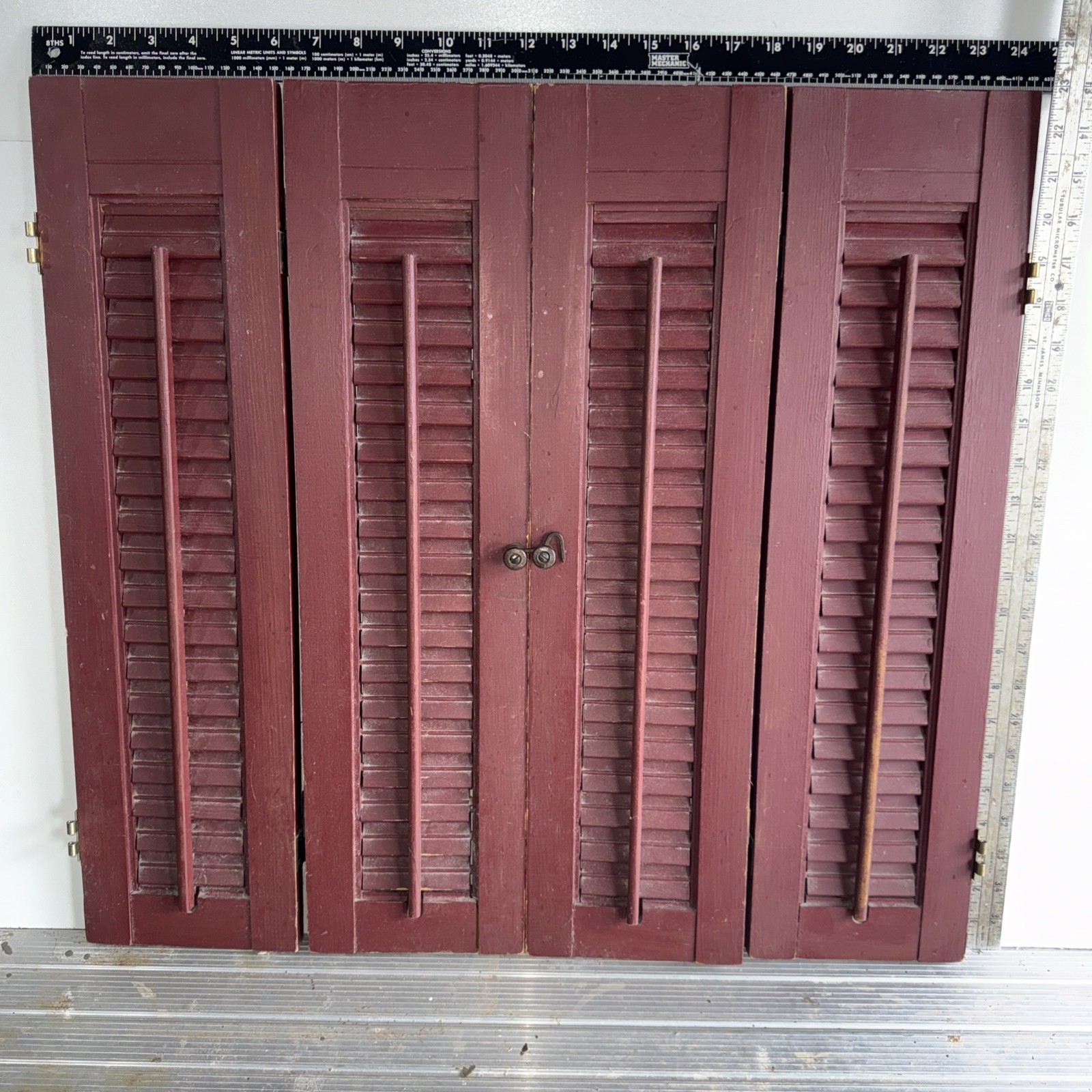 Red painted Shutters 24 1/2 X 23 louvered interior wood shutters 4 panels
