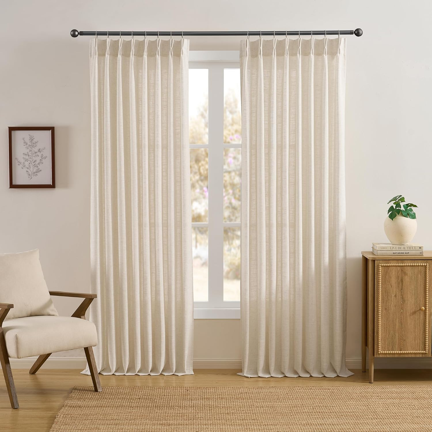 Cream Birch 108″ Natural Pinch Pleated Curtains, 2 Panels, 50″ Wide Each