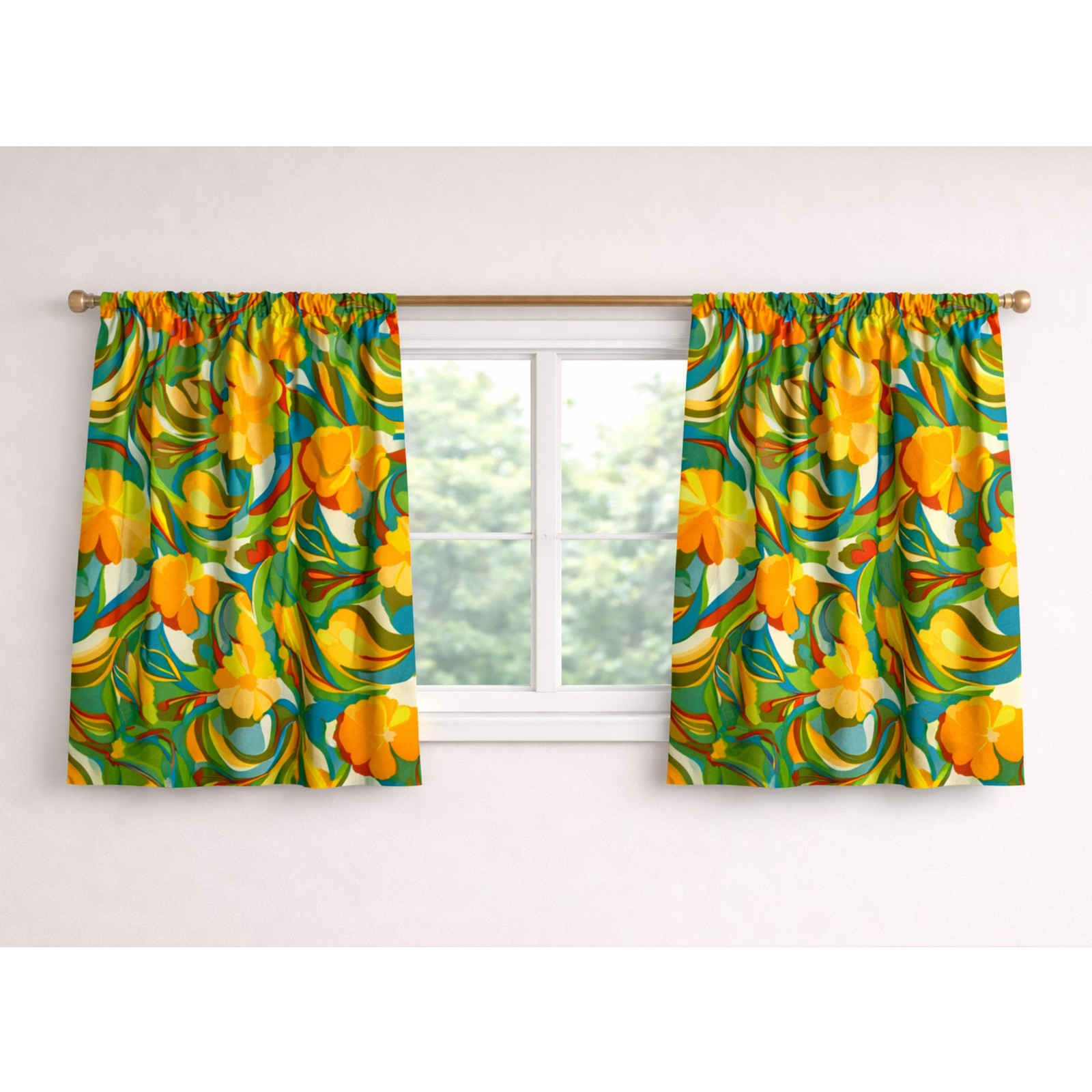 Colorful Floral Window Panels Set of 2 Orange Blue Green 27×40 Handmade Retro