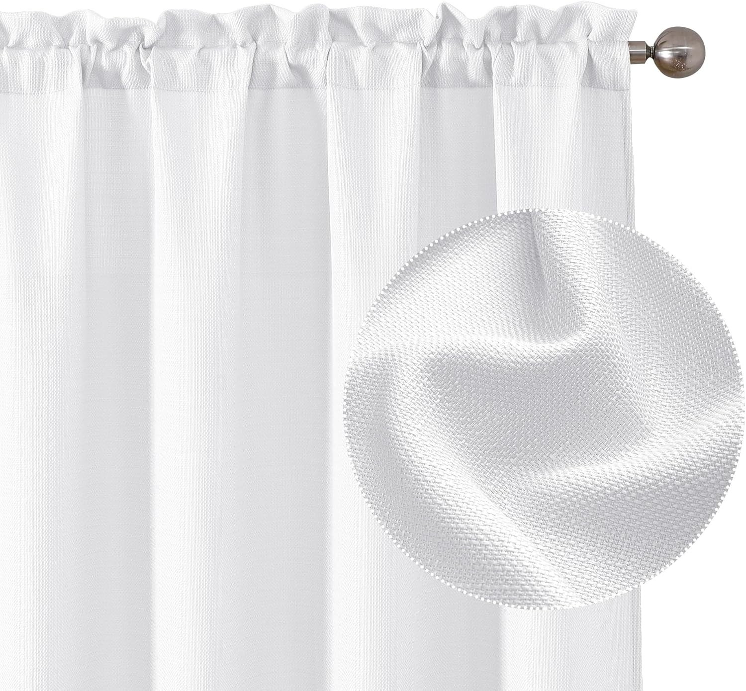 White Curtains 90 Inch Length 2 Panels Set, Faux Linen Textured Semi Sheer Light
