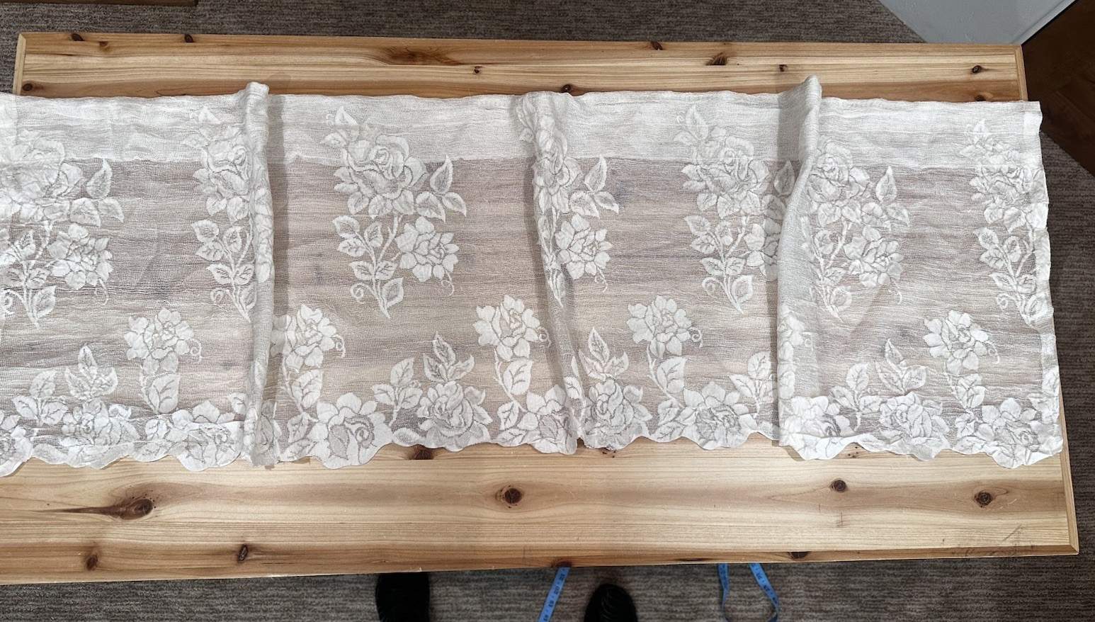 Four 53″ W and x 15.25″ High Ivory Lace Valances with Rose Design