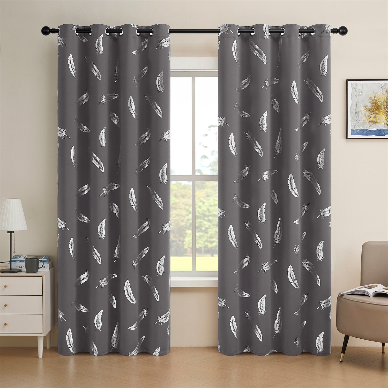 2 Panels Feather Room Darkening Curtains Grommet Top Panels for Bedroom