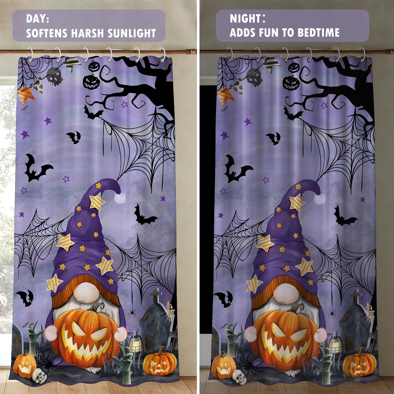 Hexagram Halloween Curtains 84 inches Long Purple Gnome Decor, Clean Window Wind