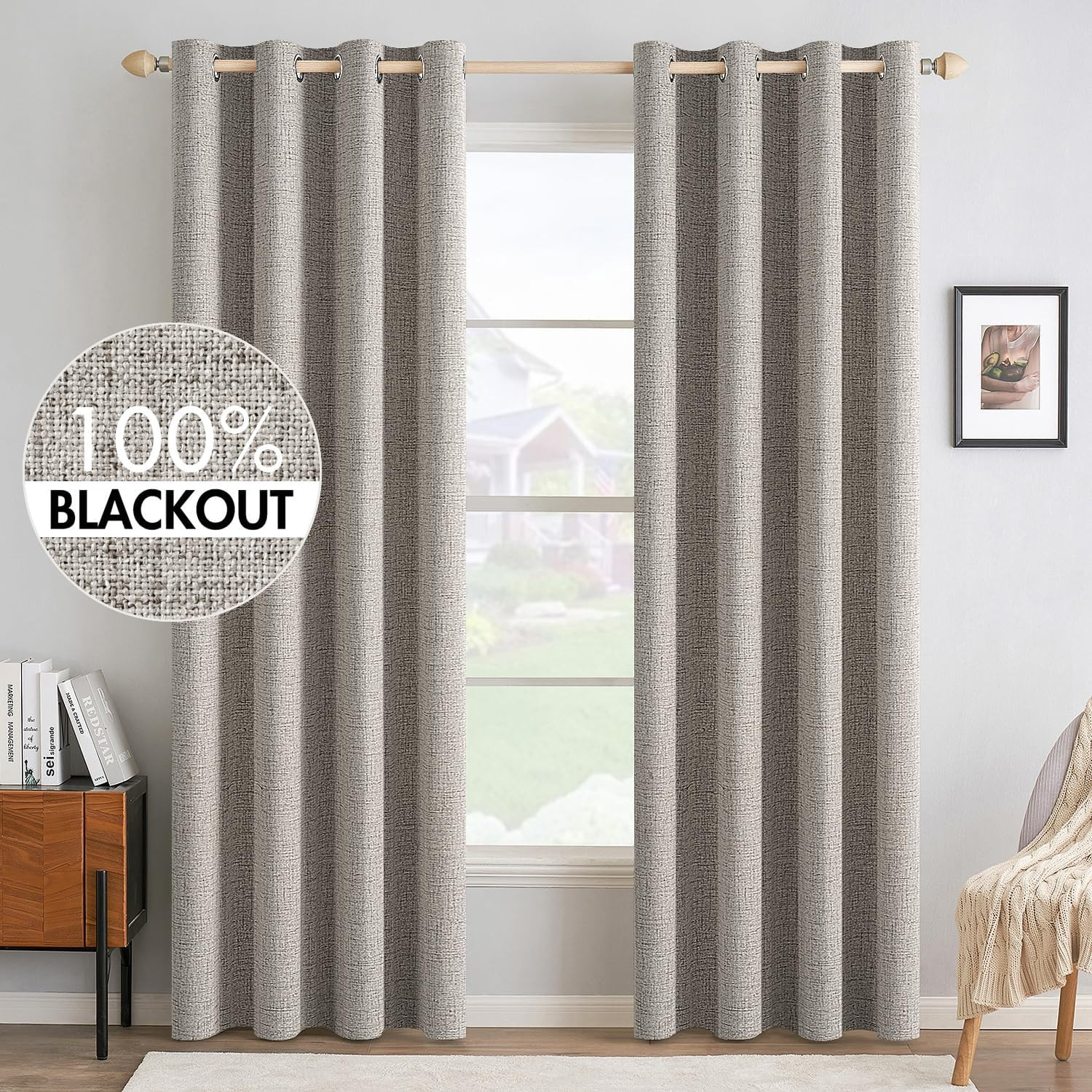 Blackout Linen Textured Curtains, Warm Taupe, 52×72 Inch, 2 Panels