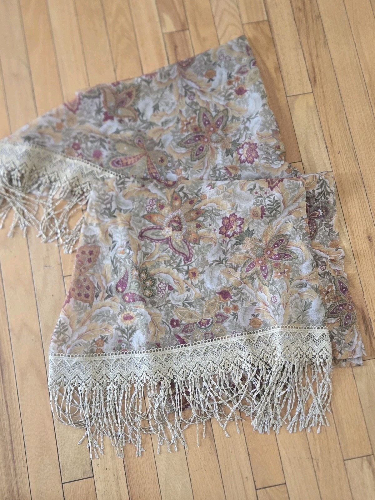 Vintage Jcpenney Sheer Paisley Waterfall Swag Valances Gold Lace Trim Boho Fairy