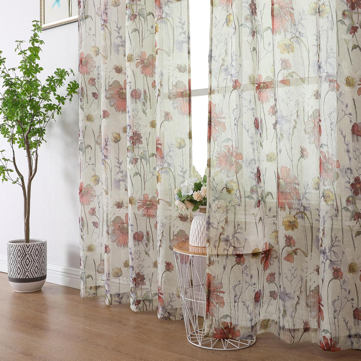 Crushed Semi Sheer Curtains 72 Inches Length 2 Panels, Floral Pattern Design Rod