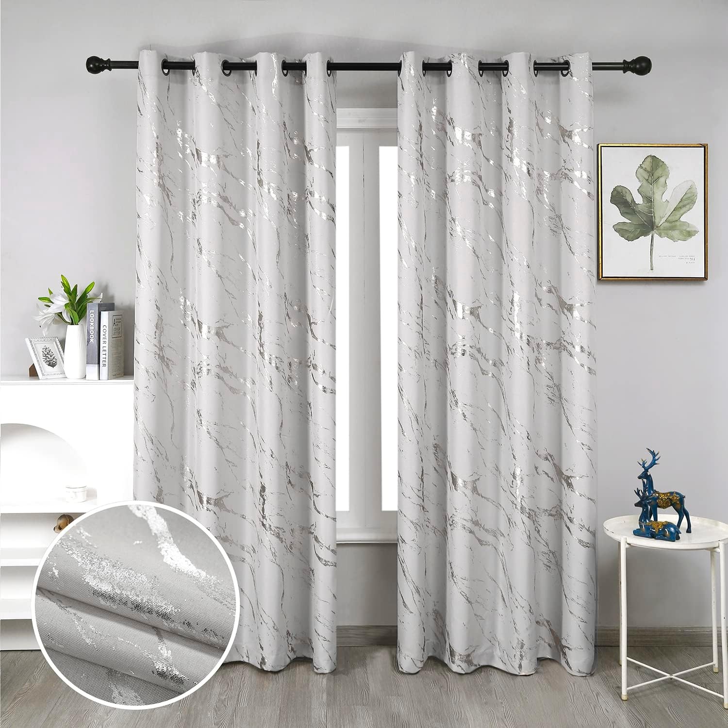 Silver Foil Print Linen Textured Curtains Geometric Marble Pattern Design Living
