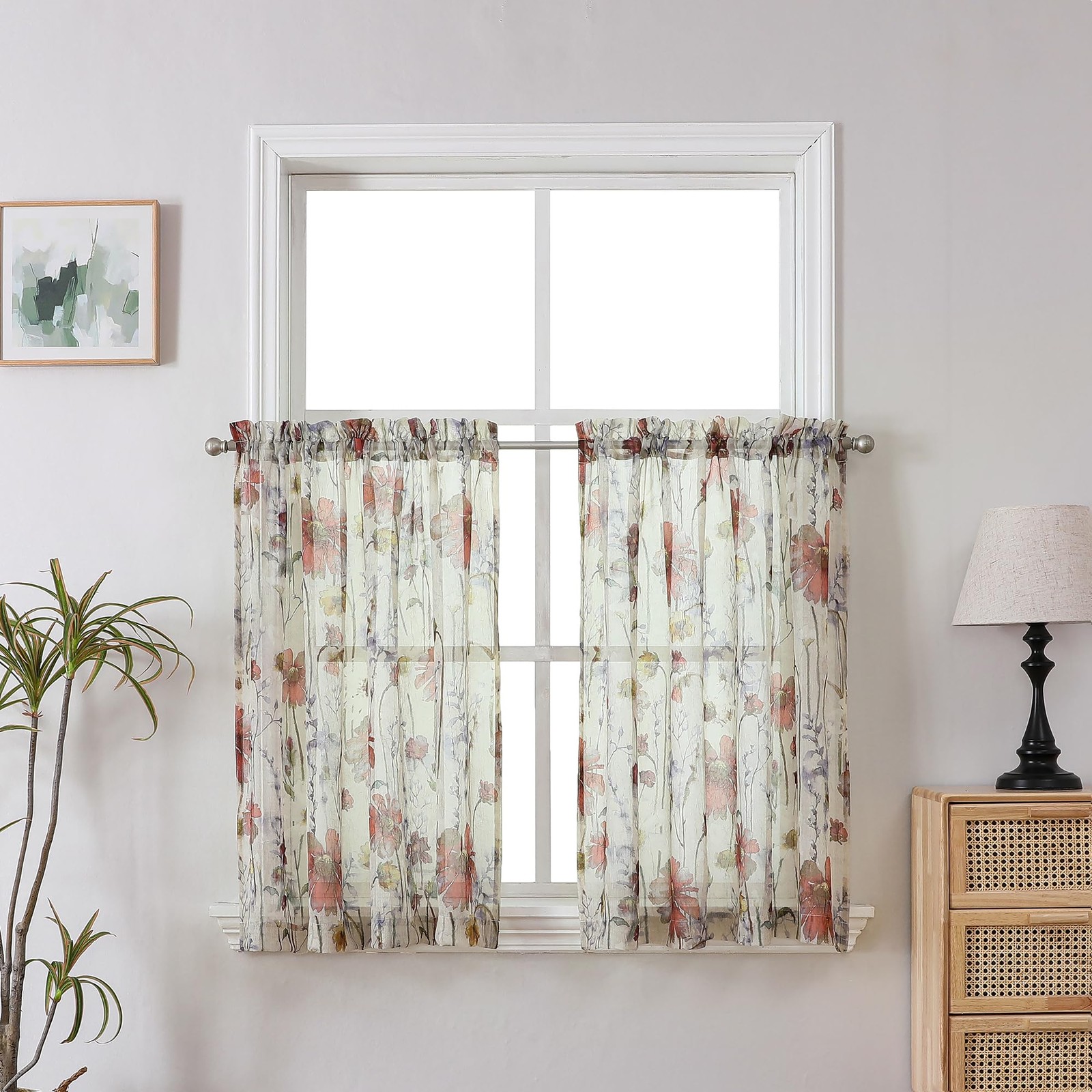 Crushed Sheer Kitchen Cafe Curtains Tiers 24 Inch Length 2 Panels, Printed De…