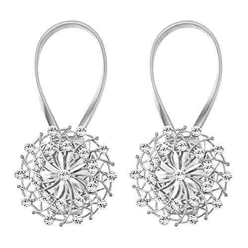 2 PCS Magnetic Curtain Tieback,Curtain Holdbacks Magnetic Crystal Flower(Silver)