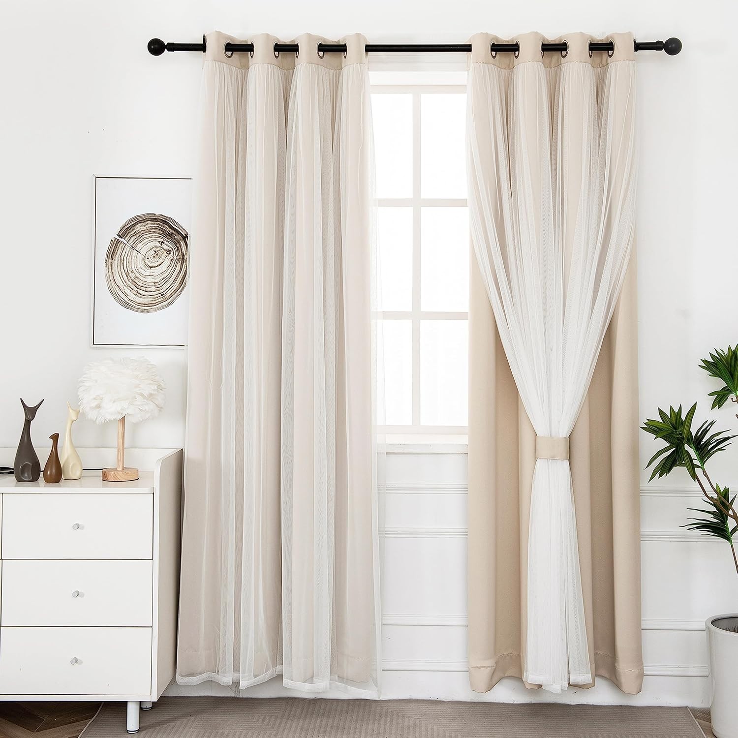 52 X 96 2 Panels Beige Blockout Curtains with Sheer Overlay Light Blocking C211
