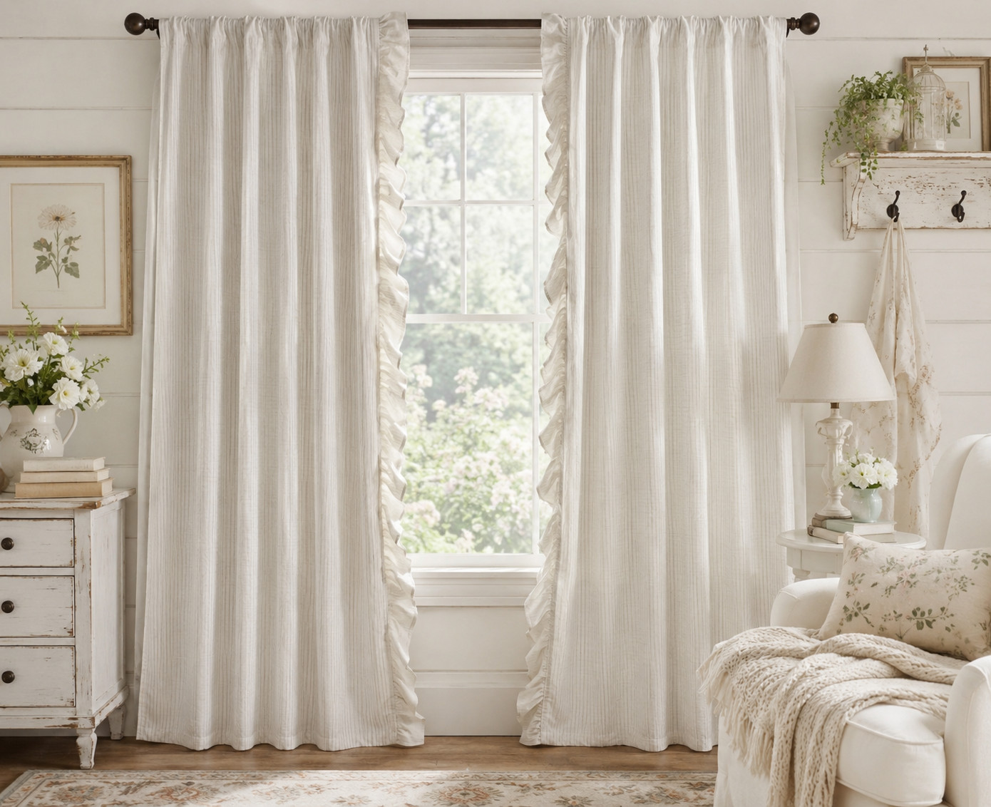 Chateau Chic Set Of 4 Stripe Ruffle Curtain Panels 38×84 Ivory Farmhouse NEW