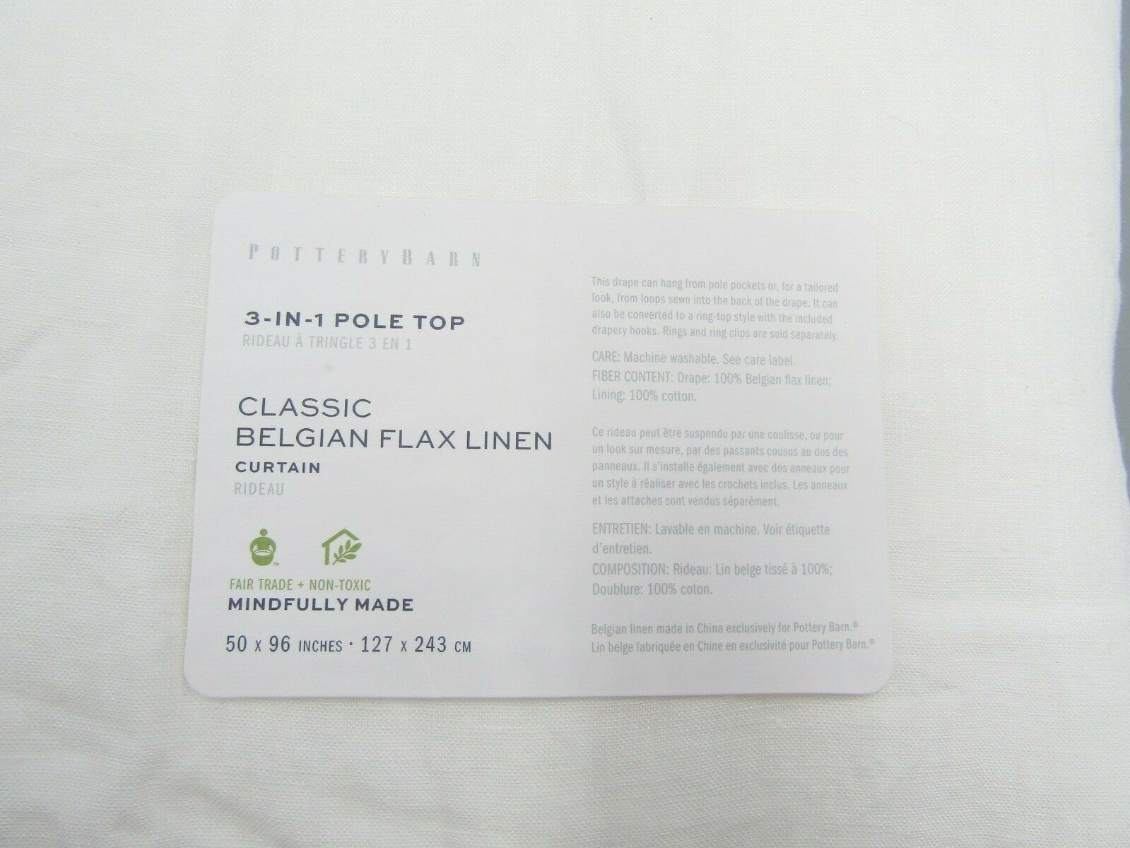 Pottery Barn Classic Belgian Flax Linen Cotton Lined Curtain White 50×96″ #Q114