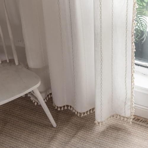 Boho Curtains Semi-Blackout 84 Inch 2 Panels for 52″W x 84″L (Pack of 2) White