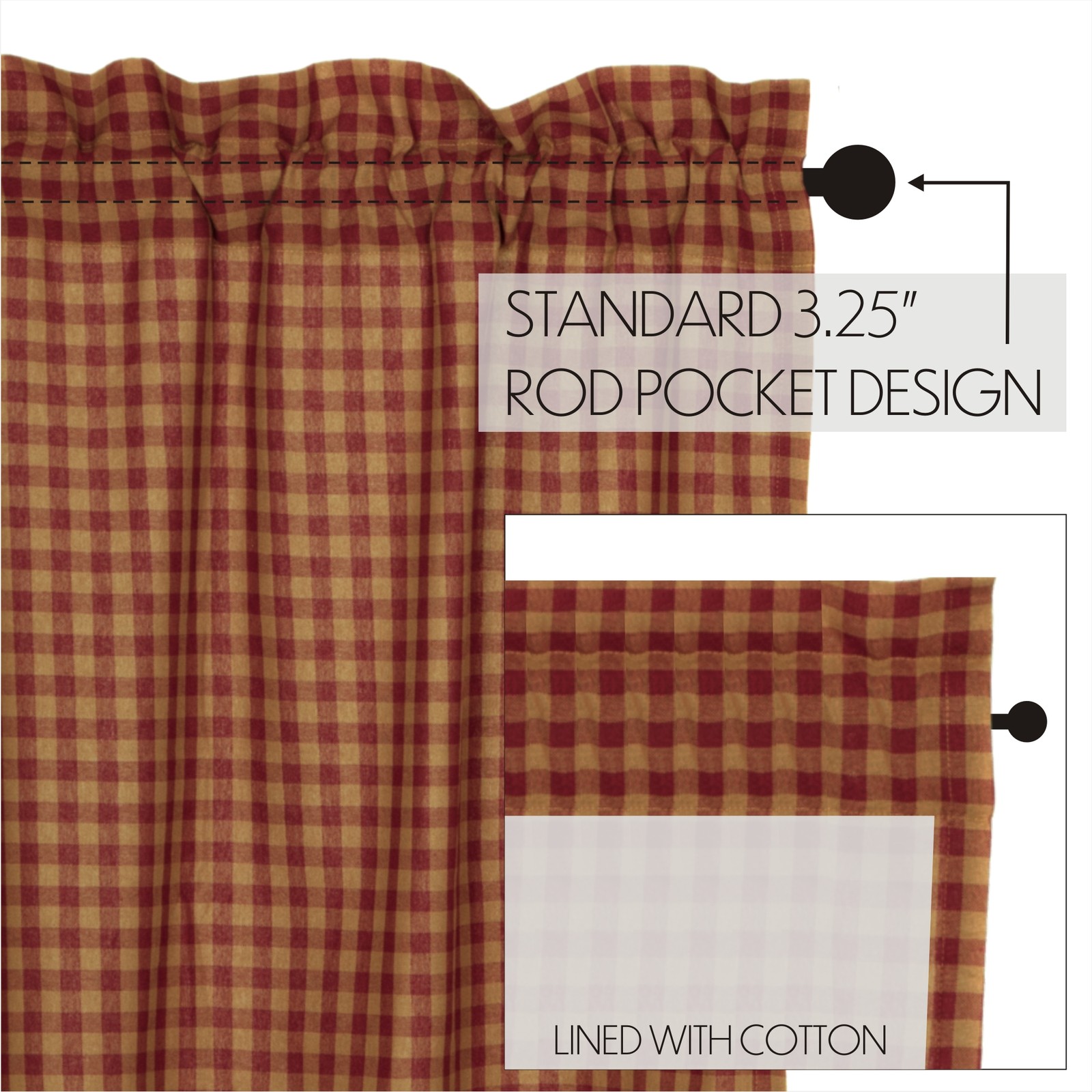 Primitive 63″x36″ Panel Pair Red Rod Pocket Burgundy Window Curtains VHC Brands