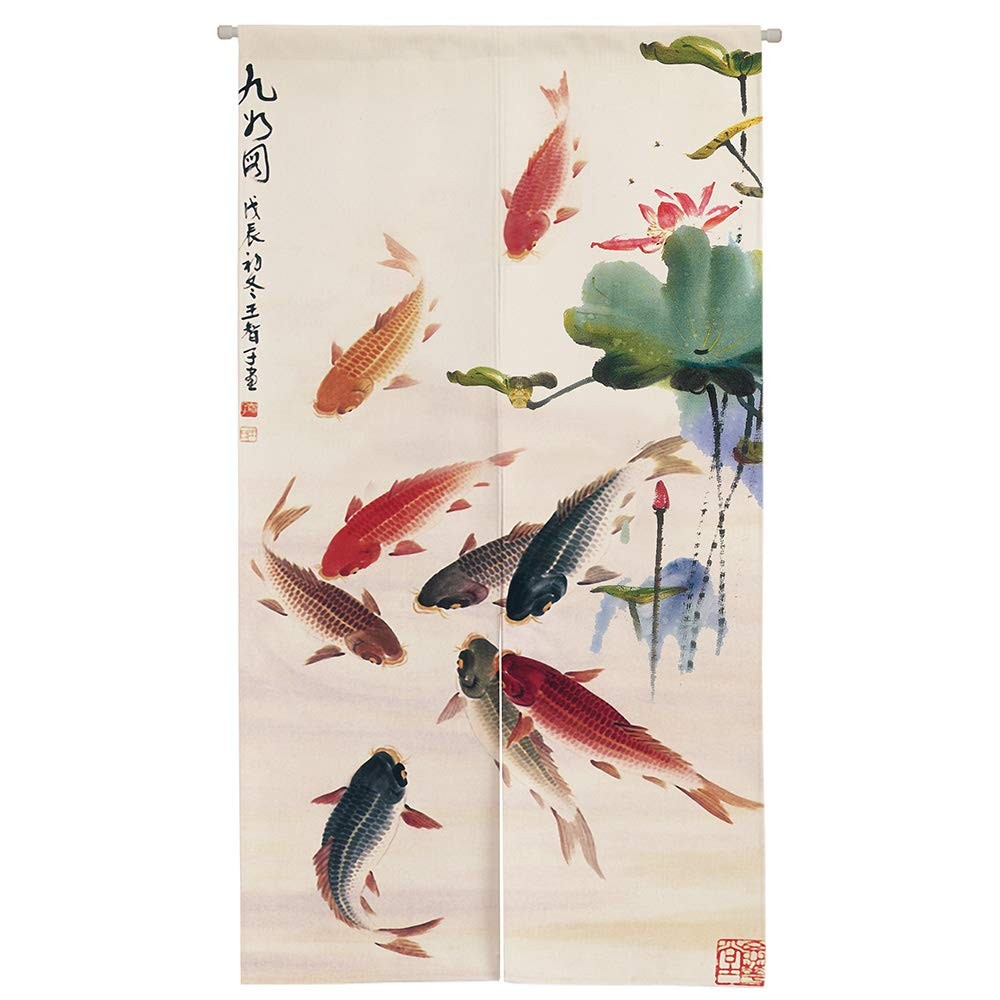Chinese Ink Painting Koi Fish & Lotus Doorway Curtain – Japanese Noren Lightw…