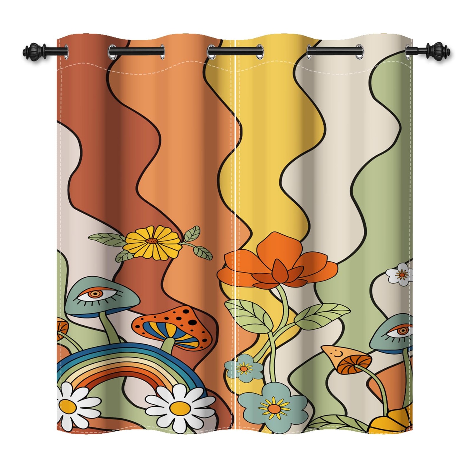 Groovy Eye Mushrooms Window Curtains Boho Rainbow Daisy Flowers Decorative Bl…
