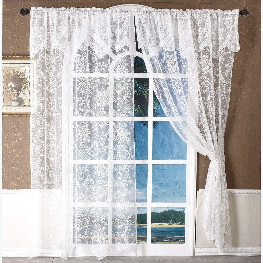 84 Inch White Lace Curtains with Valances Attached 2 Panels, Floral Embroider…