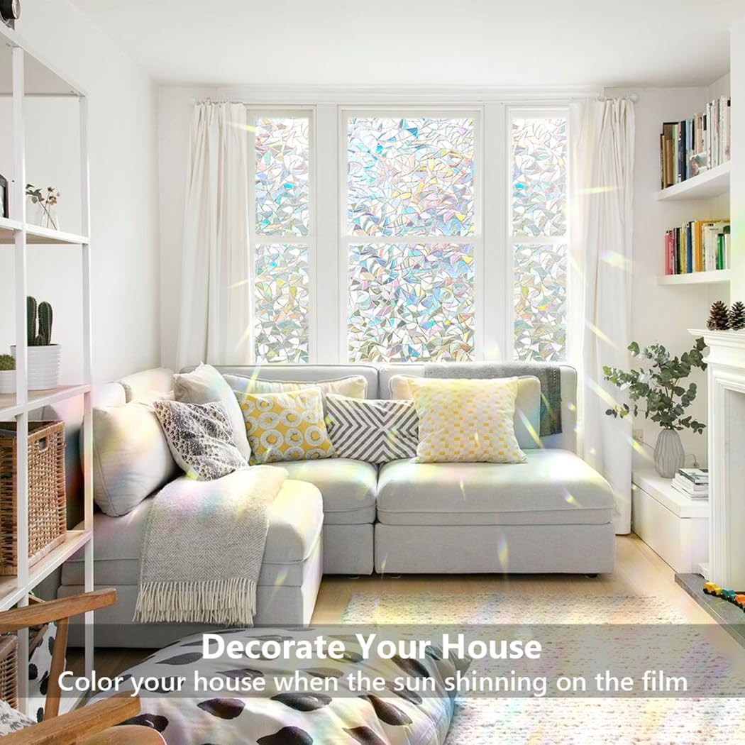 Rainbow Window Privacy Film Decorative Sticker,3D Static Stained Glass Window Cl
